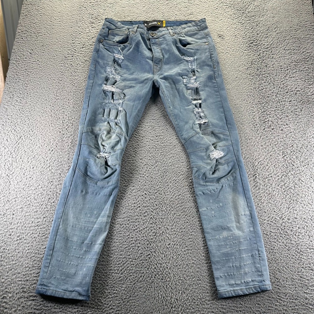 Raw X Jeans Men 36x31 Blue Cotton Denim Skinny Distressed Faded Stretch Workwear